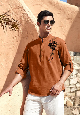 Fifth U Men Printed Straight Kurta(Brown)