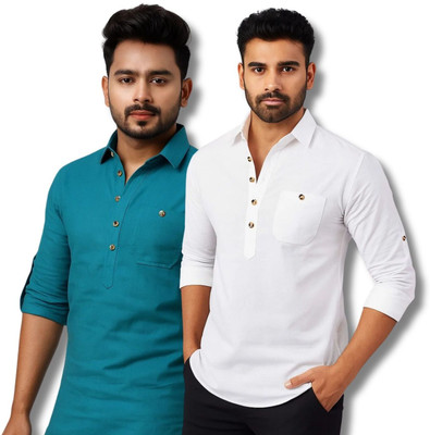 ClothTheory Men Solid Straight Kurta(Blue, White)
