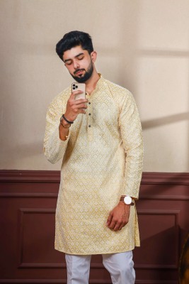 Koshin Men Embroidered Straight Kurta(Gold)