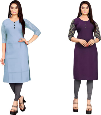 HouseOfCommon Women Solid Straight Kurta(Grey, Purple)