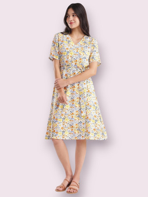 KALAXI Women Printed Anarkali Kurta(Beige)