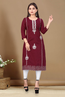 FABRINARGI Women Embroidered Straight Kurta(Maroon)