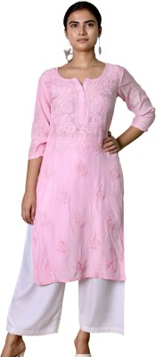 INDICRAFT Women Chikan Embroidery, Embroidered Straight Kurta(Pink)