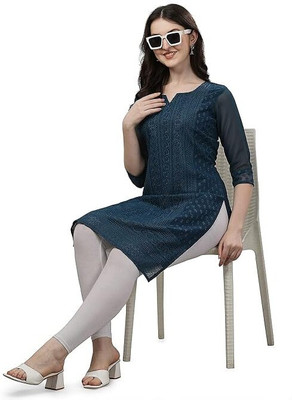 HK SHOPEE Women Chikan Embroidery Straight Kurta(Dark Blue)