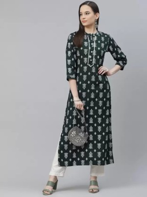 FCV Women Printed Straight Kurta(Dark Green, White)