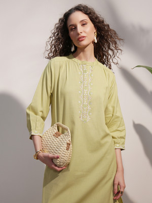 Vishudh Women Embroidered Straight Kurta(Green)