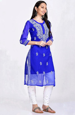 SMAfashion Women Chikan Embroidery A-line Kurta(Blue)
