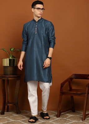 FUBAR Men Embroidered Straight Kurta(Blue)