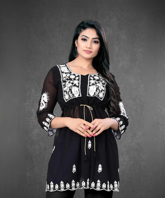 Kanak International Women Embroidered Anarkali Kurta(Black)