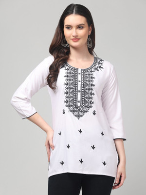 MISS DESIRE Women Chikan Embroidery A-line Kurta(White)