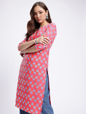 Anouk Rustic Women Floral Print Straight Kurta(Pink)