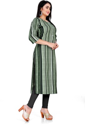 Ananya Fab Women Striped Straight Kurta(Green)