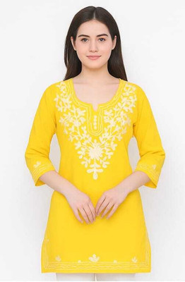 aaharkraftcreations Women Embroidered Straight Kurta(Yellow)