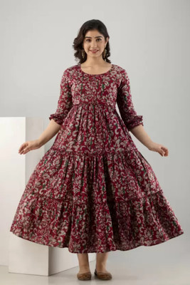 jbmart Women Printed Flared Kurta(Maroon)
