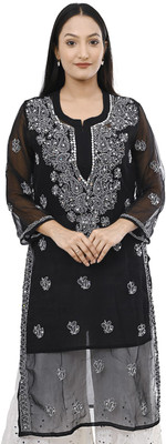 Mrs Right Women Embroidered A-line Kurta(Black)