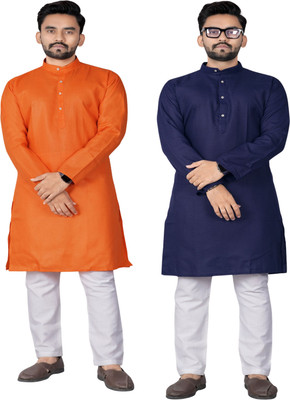 DHASU TRENDZ Men Solid Straight Kurta(Orange, Dark Blue)