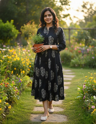 fastal look Women Printed Anarkali Kurta(Black)