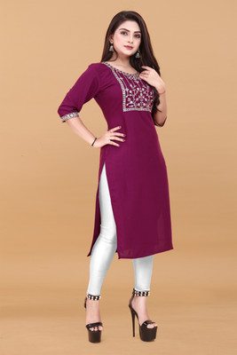 AKK Enterprise Women Embroidered Straight Kurta(Purple)