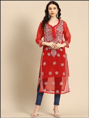 AuraGlow Women Chikan Embroidery, Embroidered Straight Kurta(Red)