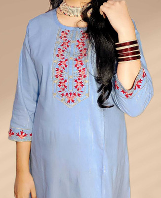 CLIMPSE Women Embroidered A-line Kurta(Light Blue)