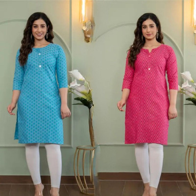AOSLY Women Printed Straight Kurta(Blue, Pink)