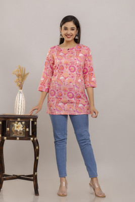Chanda Textile Women Printed Straight Kurta(Pink)