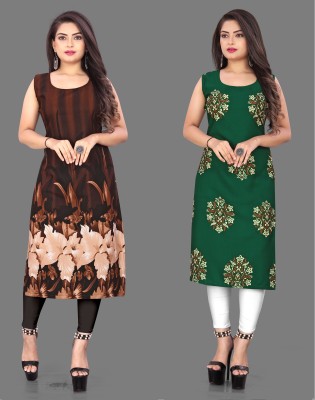 tanvi creation Women Printed Straight Kurta(Brown, Green)