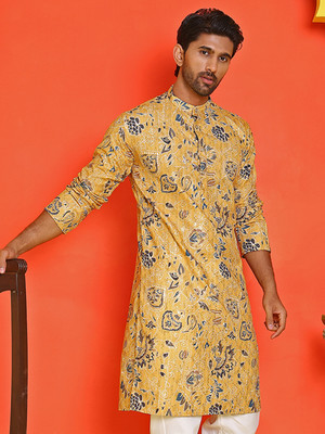 ANOUK Men Printed Straight Kurta(Yellow, Blue)