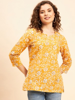 Neesh Women Printed Straight Kurta(Yellow, White, Brown)