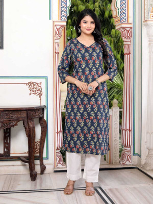 MadhuGarments Women Printed Straight Kurta(Blue)