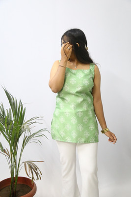 aanzri Women Printed A-line Kurta(Light Green, White)