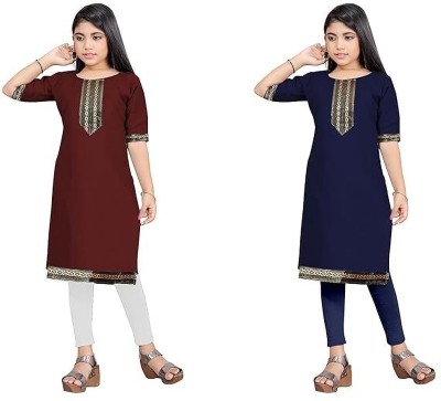 vishvoham Girls Self Design Straight Kurta(Blue, Grey, Purple, Yellow, Maroon)