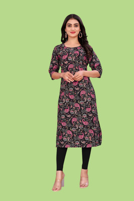 STYLESTATEMENT Women Printed Straight Kurta(Black, Pink)