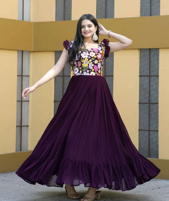 Lazzly Women Embroidered Flared Kurta(Purple)