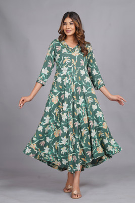 JAI HANUMAN HAND PRINTING Women Floral Print A-line Kurta(Green)