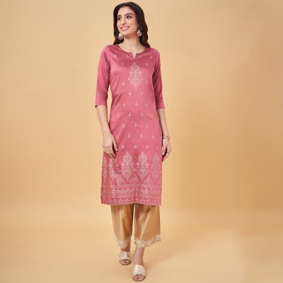 Rangmanch by Pantaloons Women Dyed/Ombre Straight Kurta(Pink, Gold)