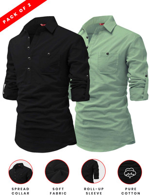 FireFish Men Solid A-line Kurta(Light Green)