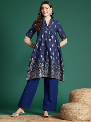 Sangria Women Printed A-line Kurta(Blue)