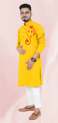 Biswas Fab Men Printed Straight Kurta(Yellow)