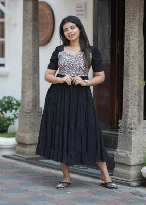 TANISHQGARMENTS Women A-line Black Midi/Calf Length Dress