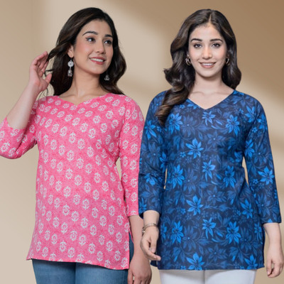 I N ENTERPRISES Women Floral Print Straight Kurta(Pink, Blue)