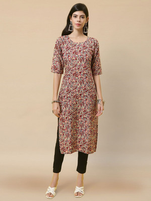 HERE&NOW Women Printed Straight Kurta(Maroon)