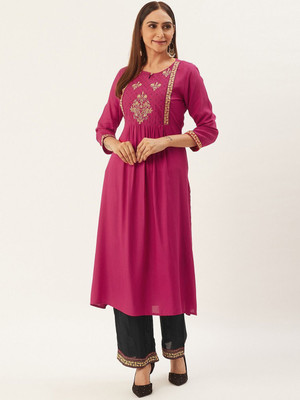 ANOUK Women Embroidered Straight Kurta(Pink)