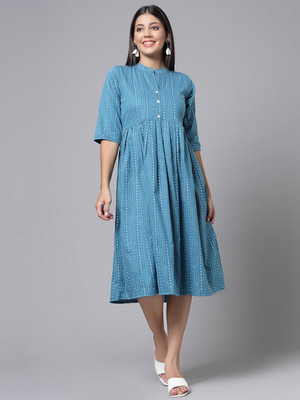 Ladylaz Women Striped Straight Kurta(Blue)