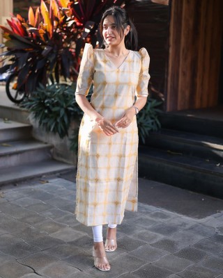 Sun Fashion And Lifestyle Women Printed Straight Kurta(Yellow, White)