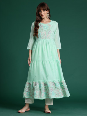 Indo Era Women Embroidered A-line Kurta(Green)