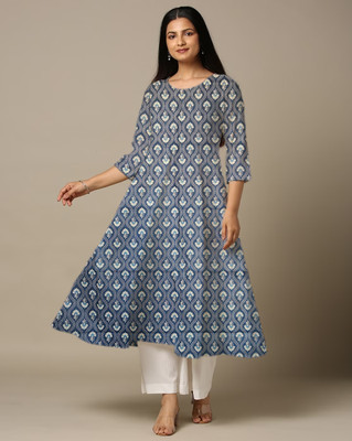 World of Mystery Women Floral Print Anarkali Kurta(Blue)