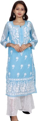 ADR CHIKANKARI Women Embroidered, Chikan Embroidery Straight Kurta(Blue)