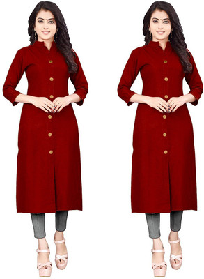 NATEK Women Self Design Frontslit Kurta(Maroon)