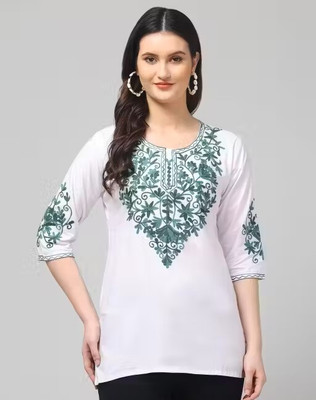 COLOR TIPS Women Embroidered A-line Kurta(White)
